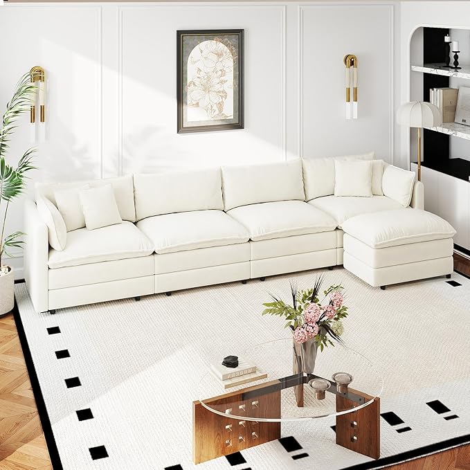 Aoowow Modular Sectional Sofa Modern Convertible L Shaped Couch,147.2 Inch Deep 4-Seater Sofas Set Comfy Chenille Cloud Sofas and Couches with Movable Ottoman for Living Room Apartment（Beige）