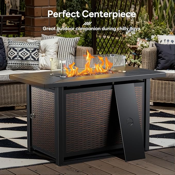 Luxury High Back Outdoor Furniture with 6-inch Extra Thick Cushions, Patio Furniture Set with Fire Pit Table & Swivel Chairs, 9 PCS Wicker Conversation Set for Yard, Deck, Poolside, Brown/Blue