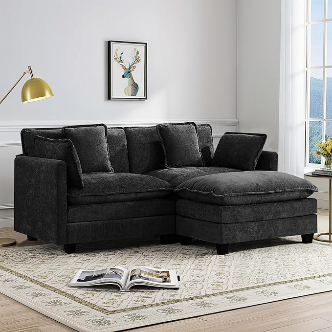UMBFUN Cloud Couch Loveseat with Ottoman, Oversized Comfy Modular Sectional L Shaped Sofa with Deep Seat Cushions, Chenille 2-Seater Lounge Set for Living Room, Dark Grey