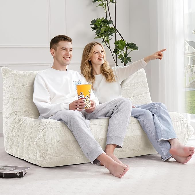 Bean Bag Loveseat Chair Big Sofa Beanbag Chair for Adults Fireside Chair Bean Bag Lounger with Memory Foam Filled for Home,Apartment or Gaming Venue（Beige Plush）