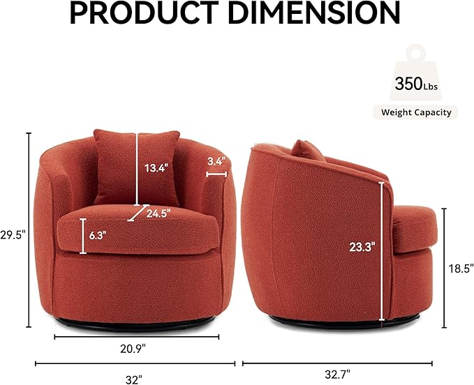 FaFaSoGoodFa Swivel Accent Chair Set of 2, Modern Upholstered Boucle Barrel Arm Chairs with Pillow for Living Room, 360 Degree Round Swivel Sherpa Armchair with Round Base for Bedroom Club (2, Orange)