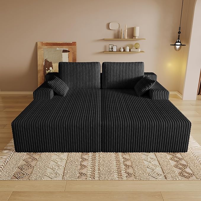 Oversized 80" Double Chaise Lounge Chair Futon Sofa Bed Boneless Cloud Couch Sleeper Sofa, Flannel Upholstered Floor Sofa Modular Sectional Loveseat with 2 Throw Pillow & Backrest Pillow, Black