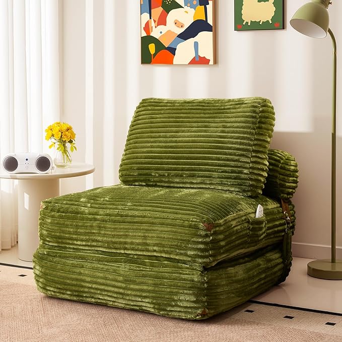 CAODOC Folding Sofa Bed Convertible Sleeper Chair with Pillow, Foldable Mattress Lounge Chair for Living Room Bedroom, Portable Guest Bed Green