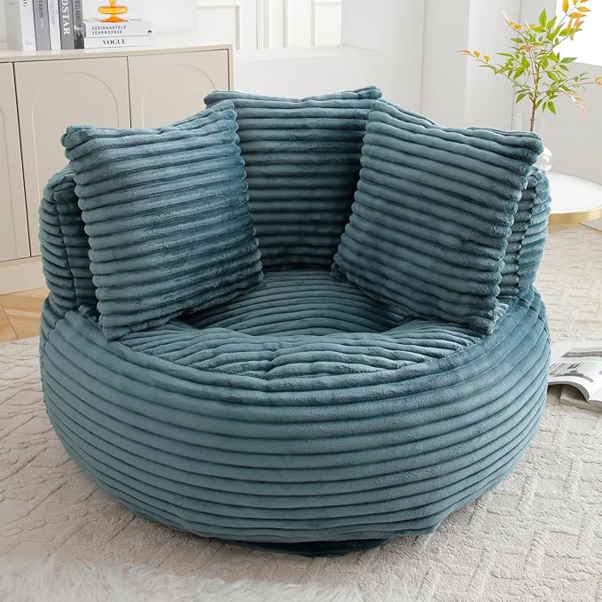 Bean Bag Chair, Corduroy Oversized Chair for Adults, Comfy Big Accent Sofa Lounge Floor Chair, Stuffed Bean Bag Couch for Gaming, Reading, Living Room, Bedroom, Turquoise