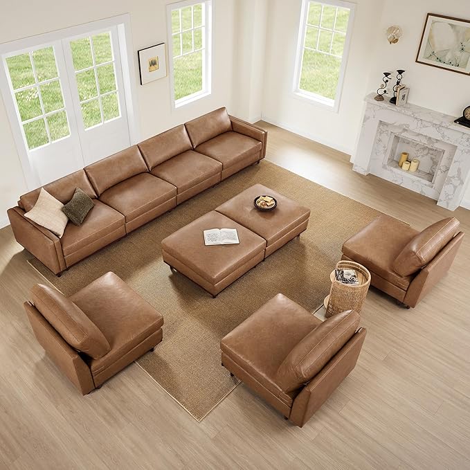 CHITA 118" Super Large Luxury L Shape Convertible Sectional Modular Sofa, FSC Certified Down Filled Modern Sofa, Deep Seat Cloud Couch, 5 Seat Couch with Chaise, Solid Wood Leg, Faux Leather in Camel