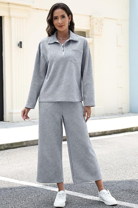 AGSEEM Lounge Sets for Women, Women's 2 Piece Outfits Long Sleeve 1/4 Zip Pullover Cropped Pants 2PC Outfit Comfy Sweatsuits
