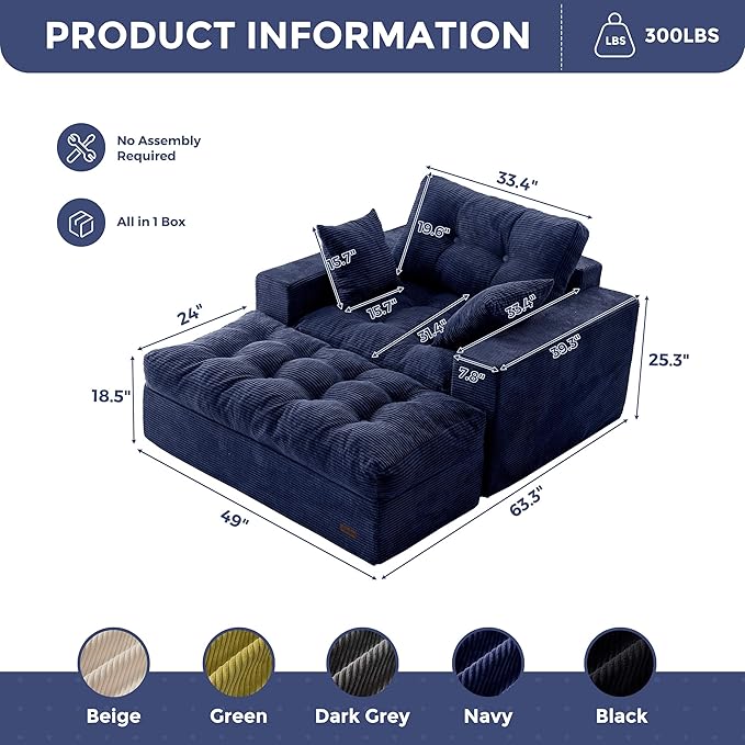 MAXYOYO Oversized Chaise Lounge Sofa, Upholstered Lounge Chair with 3 Pillows, Tufted Boneless Sofa Couch with Ottoman, Deep Seat Sleeper Chair for Living Room, Bedroom, No Assembly, Navy