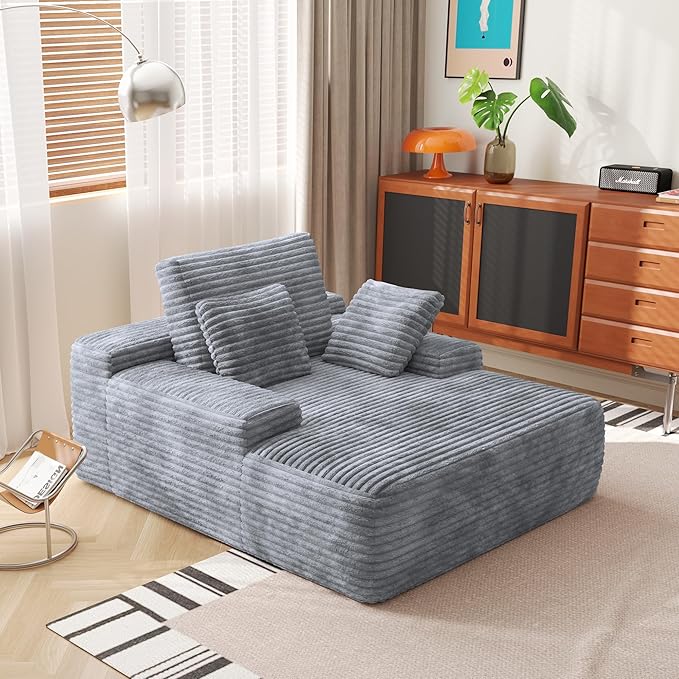 WJShome Oversized Chaise Lounge Chair Indoor, Plush Corduroy Boneless Sofa Bed, Cloud Reading Chair with Throw Pillow for Living Room (Gray)