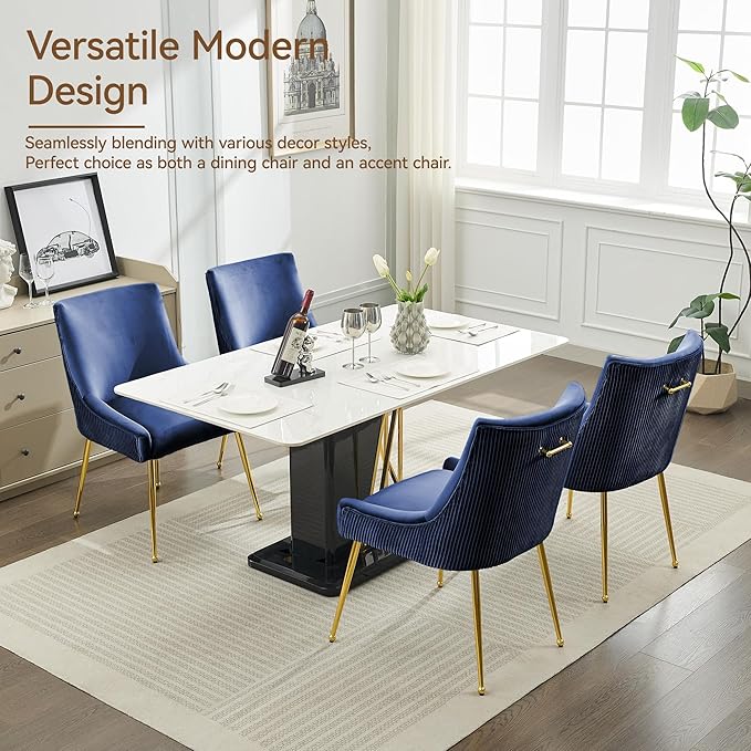WUTUTUEE Velvet Dining Chairs Set of 4 Gold Legs,Upholstered Velvet Accent Chairs, Pleated Back Design & Gold Pull Handle, Mid Century Modern Chairs for Dining/Kitchen/Living Room,Blue