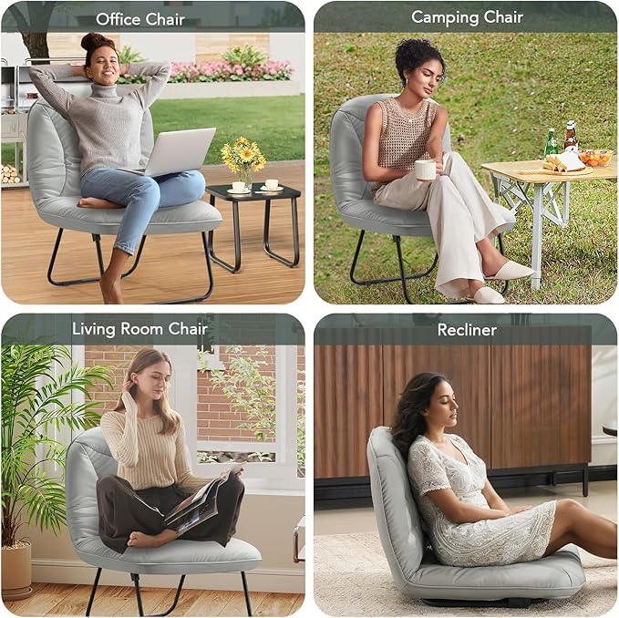 Furniliving 3 in 1 Folding Chair Foldable Floor Chair for Reading, Lounging & Gaming, Portable Camping Chair with Metal Frame Comfy Accent Chair Reading Chair for Indoor, Living Room, PU (Grey)