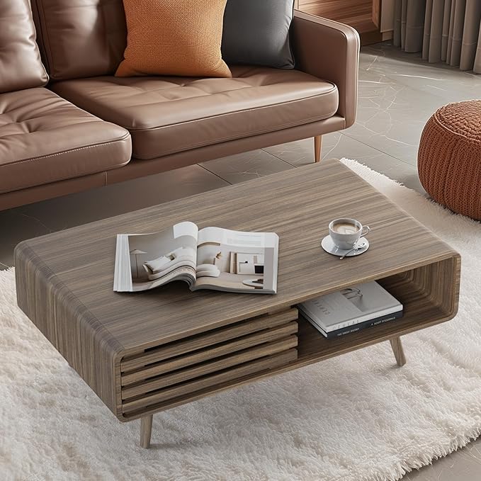 Easyego Coffee Table with Storage, Farmhouse Wood Tables for Living Room, Easy Assembly, Suitable for Various Home Styles (Light Brown)