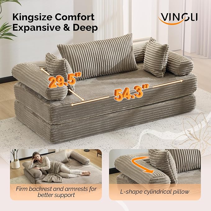 VINGLI Convertible Futon Sofa Bed, Upholstered Corduroy Boneless Couch King Size Floor Loveseat Sleeper Sofa with 2-in-1 Throw Pillow, Couches for Living Room, Bedroom, Lounge, Gray