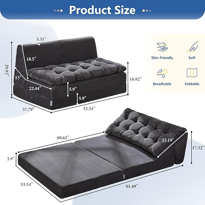 Hobestluk Sofa Couch Folding Sofa Bed Sleeper Comfy Floor Lounger Loveseat Sofa with Removable Cushion Couches Foldable Mattress for Living Room Bedroom or Office (Cordury Grey, Oversize)