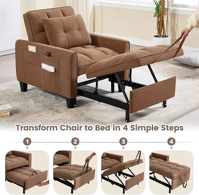 choairy Convertible Sleeper Chair, 3 in 1 Sleeper Chair Bed Pull Out Sofa Bed Chairs, Single Sofa Beds with Adjustable Backrest for Adults Reading Living Room, Bedroom, Velvet Brown