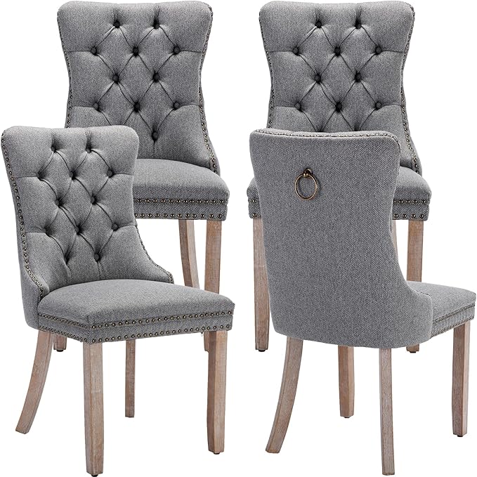 YeahFurn Grey Mid Century Modern Dining Chairs Set of 4, Linen Upholstered Kitchen & Dining Room Chairs with Nailhead Trim & Solid Wood Legs, Elegant Sillas De Comedor (Grey, 4 Pcs)