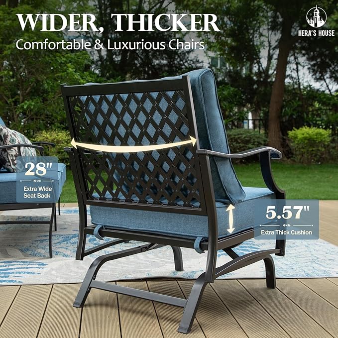 HERA'S HOUSE Outdoor Chairs Set of 2, 2 x Patio Chair with Navy Blue Cushions, All Weather Outdoor Furniture for Lawn Garden Backyard Deck(Rocking Chairs)