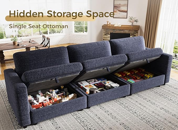 KKL Modular Sectional Sofa Couches for Living Room, 113" Sofa Couch with Adjustable Backrest, 3 Seater Sofa Couch with Comfy Cushion, Chenille, Blue