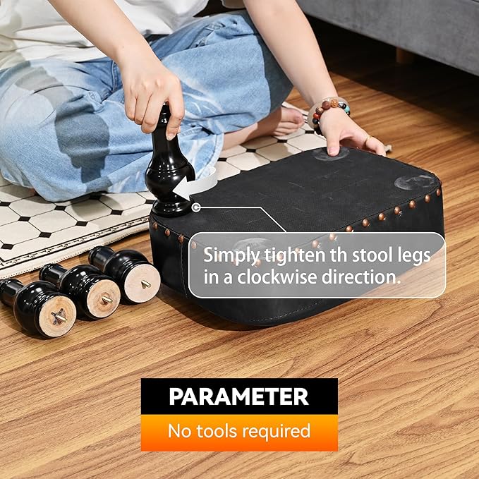 DSGAMER Leather Footrest Wood Ottoman,Rustic Foot Stools Seat, Wood Footstool,Rectangle Footrest Small Ottoman for Bedroom, Living Room, Office，Entrance Hall (Black)