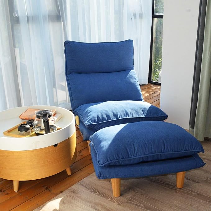 Floor Chair Single Lazy Sofa Leisure Balcony Reclining Japanese Tatami Adjustable Recliner with Ottoman for Living Room, Bedroom, Indoor Use (Stacked Footstool, Blue)