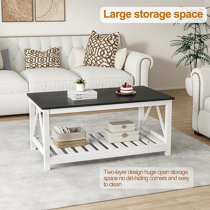 UYIHOME Farmhouse Coffee Table, Black and White Coffee Table for Living Room, 2-Tier Rectangular Wooden Centre Cocktail Table with Slats Shelf Storage and V-Shaped Frame Modern Coffee Tables Oak Black