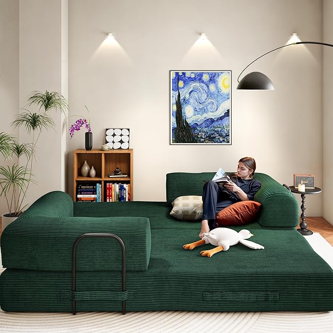 79" Convertible Sofa Bed, Boneless Corduroy Sleeper Foldable Modular Couch, Memory Foam Compressed Sofa, Folding Mattress Floor Couch for Small Space Living Room Apartment Bedroom, Hunter Green