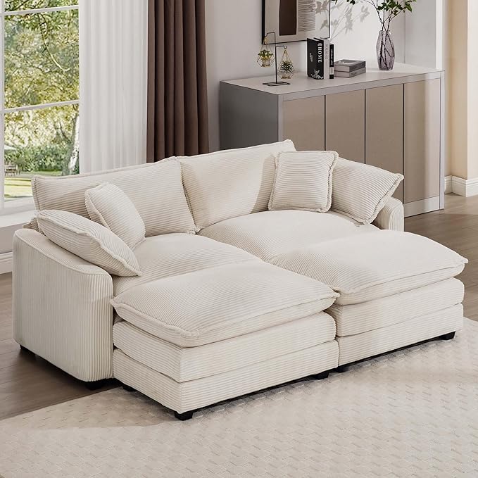 Aoowow Oversized Loveseat Couch with Ottomans,Modern Corduroy 2 Seater Cloud Couches for Living Room,Modular Sectional Cloud Sofas Deep Seat,Double Lounger Sleeper Sofa