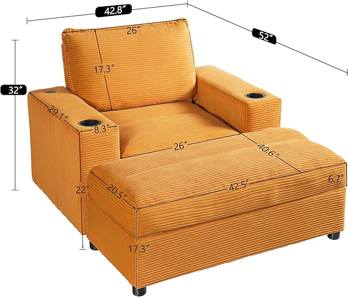 Merax 42.8" Oversized Chaise Lounge Chair with Storage Ottoman,Corduroy Sofa Bed with Cup Holders,USB Charging Port,Upholstered Sleeper Chair,Deep - Seat Reading Couch for Living Room,Bedroom,Yellow