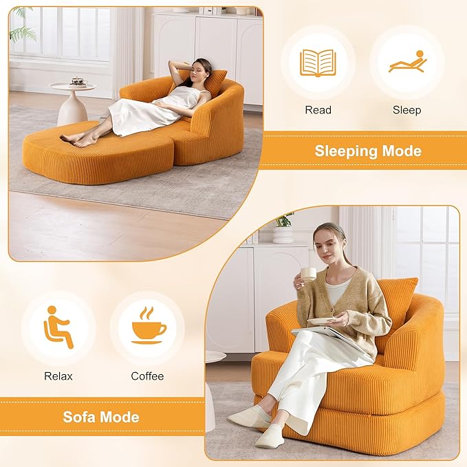 41" Convertible Sleeper Chair, Convertible Couch Bed with Backrest and Pillow, Corduroy Oversized Armchair for Adults, Comfy Sleeper Chair Bed for Living Room, Bedroom, Home Office, Yellow