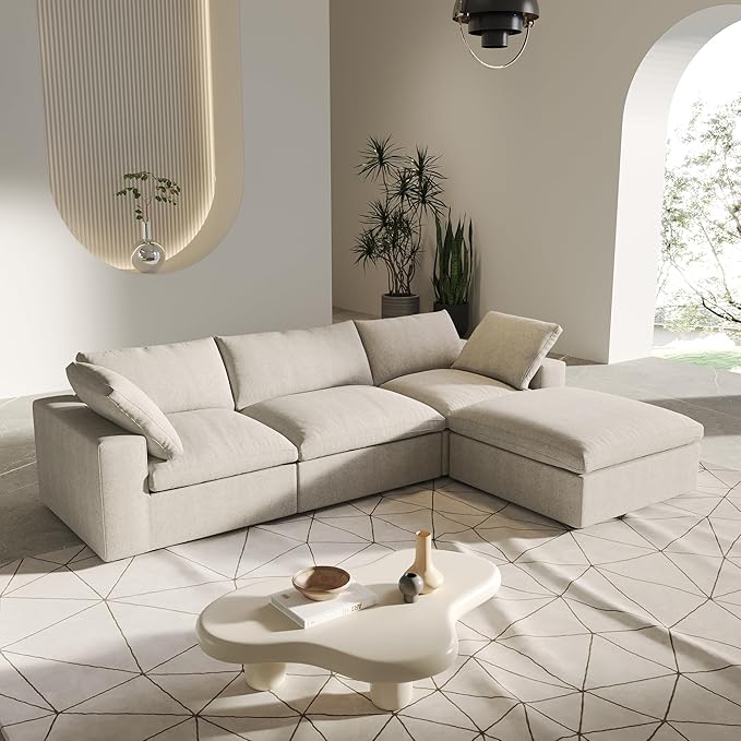L-Shaped Cloud Sectional Couch, Khaki Modular Sectional Sofa, Modern Comfy Cloud Sofa with Storage Ottoman, Covers Removable, Convertible Sleeper Couch for Living Room Apartment (Linen Fabric)