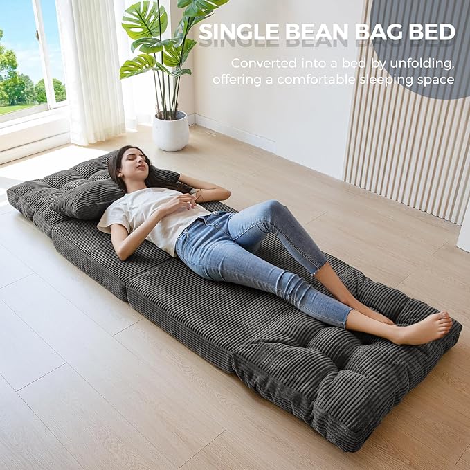 MAXYOYO Bean Bag Bed Tufted Folding Sofa Bed with Pillows Floor Mattress for Adults, Extra Thick and Long Floor Sofa, Single Couch for Bedroom Living Room, Dark Grey, 30x91 Inch