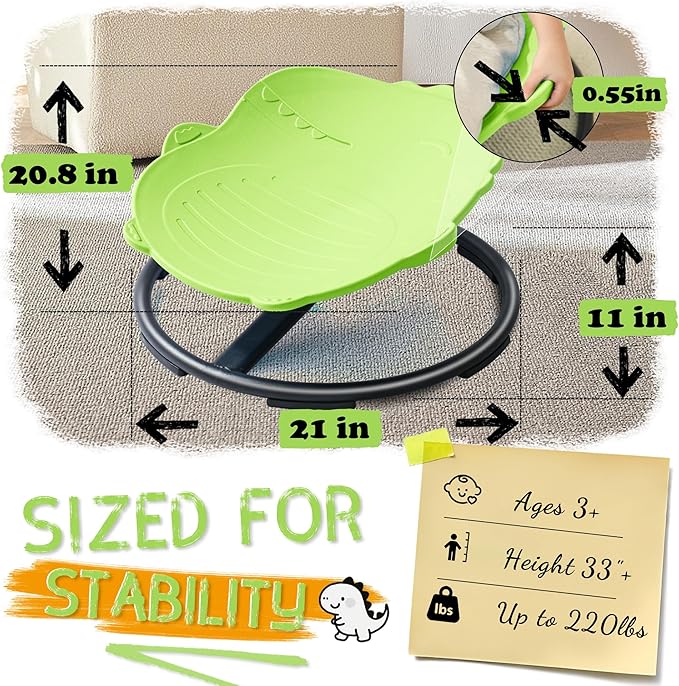 Dinosaur Spinning Chair for Autistic Kids – Sensory Spinning Toy, Spin Chair for Kids Autism, Sensory Swivel Seat for Balance, Coordination, Focus & ADHD Support, Autism Sensory Products (Green)