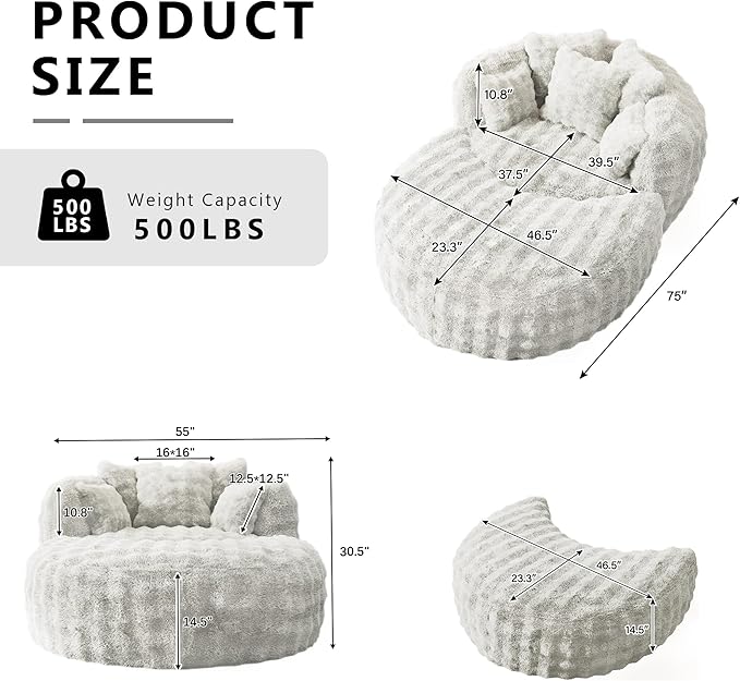 Oversized Chaise Lounge Chair Indoor with Ottoman 55" W x 75" L Round Reading Chair Plush Faux Fur Corduroy Cloud Circle Boneless Chair with 5 Pillows for Living Room - Beige White