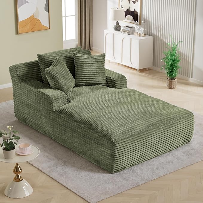 50"W x 76"D Oversized Chaise Lounge Chair Indoor Boneless Reading Chair Plush Corduroy Recliner Large Deep Seat Upholstered Sleeper Comfy Sofa Bed Couch with 3 Pillows for Living Room Bedroom, Green
