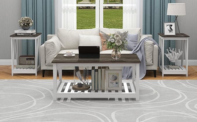 UYIHOME Farmhouse Coffee Table and End Table Set for Living Room, 2-Tier Wooden Living Room Table Set with Slats Base, Dark Oak