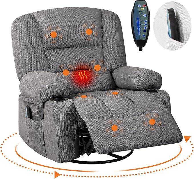 Rocker Recliner Chairs for Adults w/Vibration Massage and Heating,360° Swivel Rocker Glider Recliner,Extra Wide Manual Lazy Chair,Chenille Fabric Sofa Chair for Living Room,Bedroom Grey
