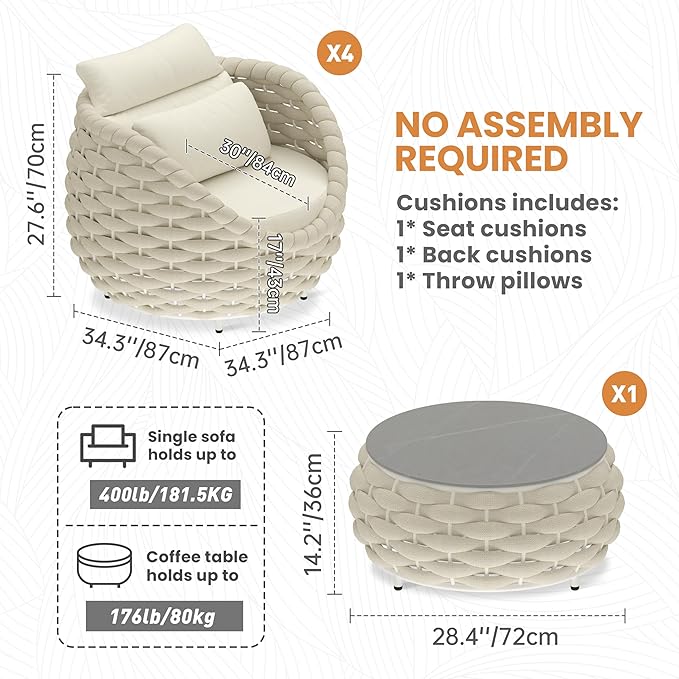 Erotr Woven Rope Patio Furniture Set: 5 Pieces Aluminum Outdoor Conversation Sofa Set All Weather - Cushioned Modern Deck Couch Set Assembled for 400lbs Front Porch Garden Lanai Sunroom Hotel, Beige