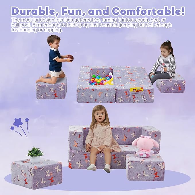 MeMoreCool Kids Modular Couch – Glow-in-The-Dark Butterfly Foam Sofa Bed, Lavender Convertible Toddler/Youth Playroom Sofa-to-Bed