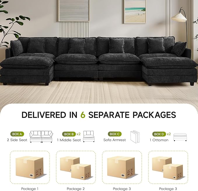 UMBFUN 4-Seater Cloud Couch with 2 Ottomans, Extra-Large Modular Sectional U Shaped Sofa with Deep Seat Cushions, Chenille Couch for Living Room, Dark Grey