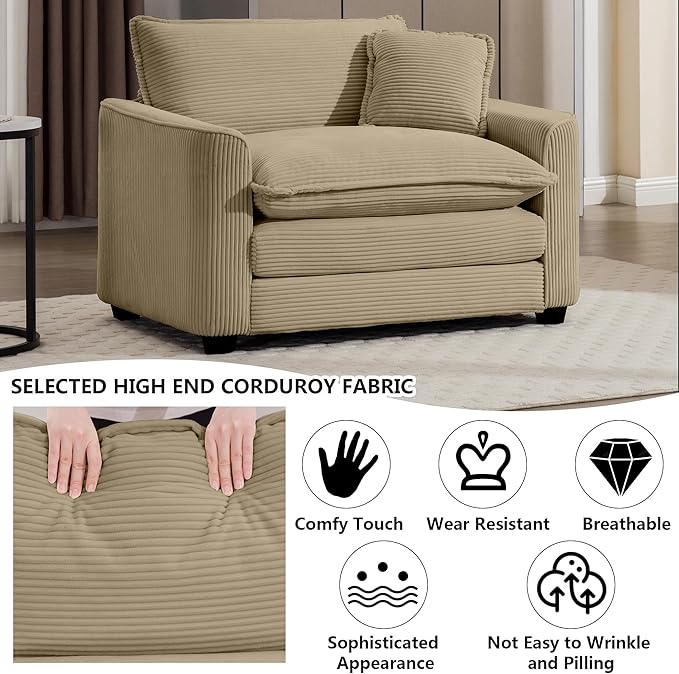 Aoowow Corduroy Large Armchair,Modern Oversized Single Sofa Chair with Throw Pillow,Deep Single Seat Cloud Sofas Couches for Living Room,Tufted Oversized Accent Arm Chair (Tan, Sofa Chair)