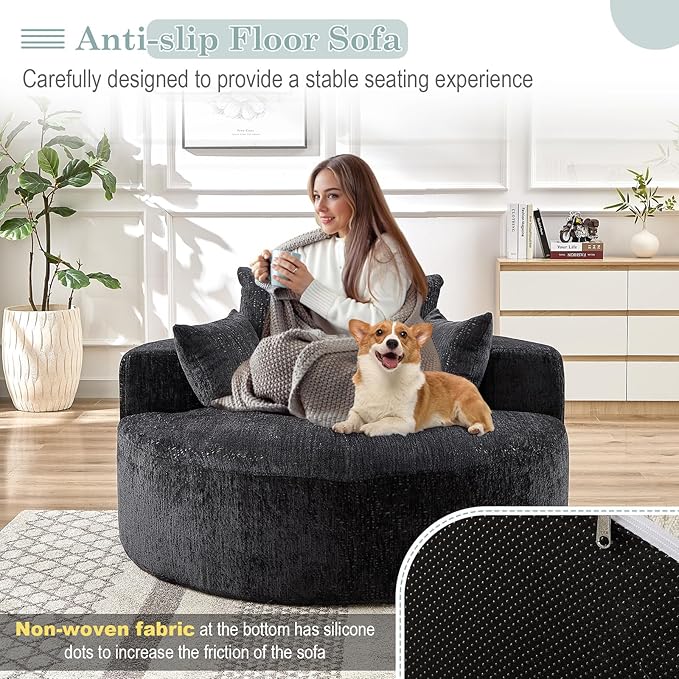 Oversized Round Chaise Longue Chair Indoor, Modern 55-inch Upholstered Chenille Deep Seat Circle Single Cloud Lounge Floor Sofa Chair for Living Room, Bedroom Apartment, Black