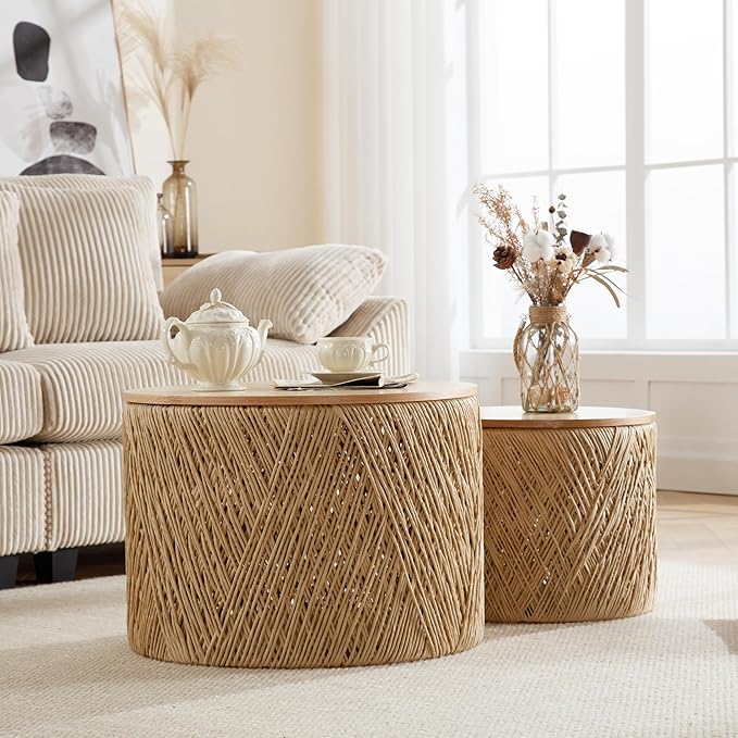 LZAREAL Farmhouse Round Coffee Table with Storage Boho Living Room Table with Lifting Top Hand-Woven Rattan Nesting Coffee Tables for Living Room, Natural