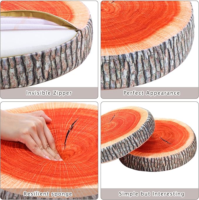 Unittype 6 Pcs Round Throw Pillow Wood Slice Chair Pillow Decorative Sofa Tree Stump Floor Cushion Natural Wood Cushion 3D Digital Printing Forest Decor for Bedroom Living Room(Stylish)