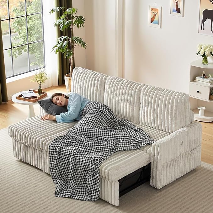 Sleeper Sofa Bed, 81” Pull Out Couch Bed with Reversible Storage Chaise, 3 in 1 L-Shaped Couch with Charging Station, Cup Holder, Side Pocket, Plush Corduroy Couches for Living Room(Beige)