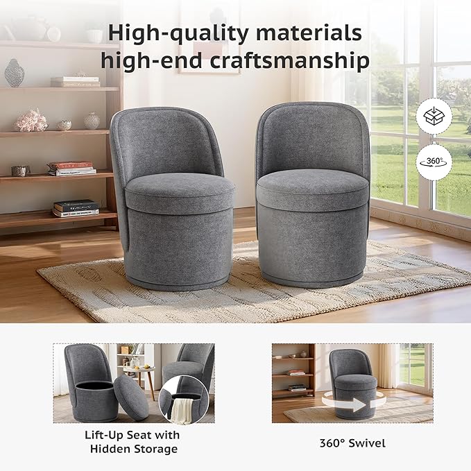 MALOL Swivel Accent Chair, 360° Swivel Chair with Hidden Storage, Vanity Chairs, Modern Small Barrel Swivel Armchair for Living Room/Bedroom, Darkgrey