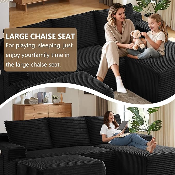96" U-Shape Cloud Couch, Modern Modular Sectional L-Shape Sofa with Ottoman, Corduroy Upholstered Couches Deep Seat Sleeper Chaise Longue for Living Room, No Assembly Required(Black, Right Facing)