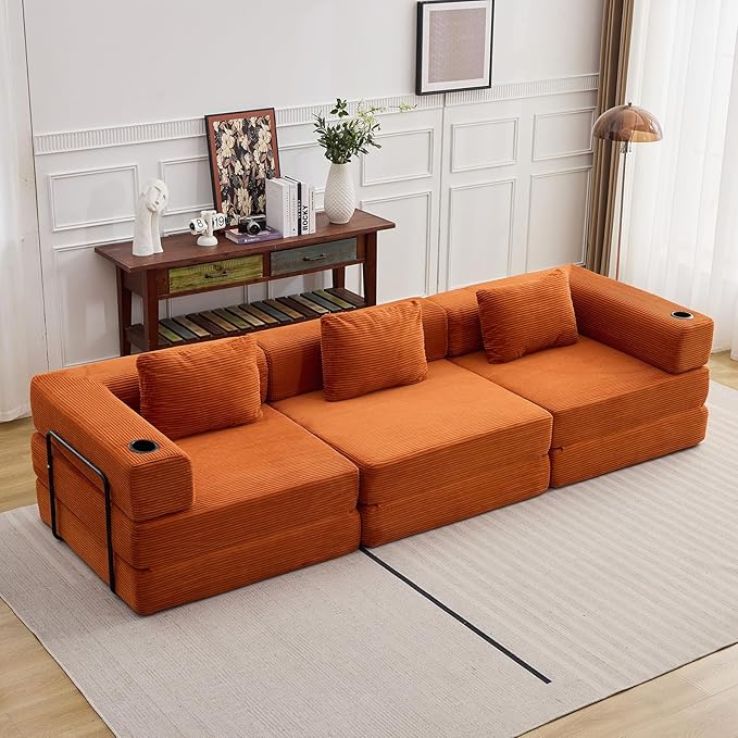 118" Oversized Convertible Floor Sofa Bed, Boneless Foldable Mattress Cloud Couch with Pillow Back & Armrest, Fold Out Floor Couch with Cup Holder for Living Room Bedroom Lounge, Corduroy, Orange