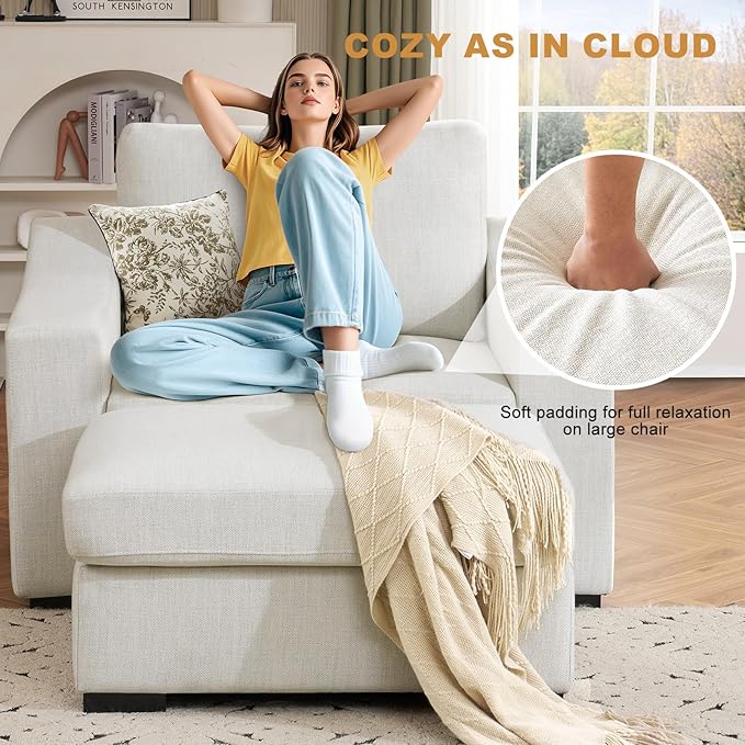 ELUCHANG 47" Oversized Single Sofa with Ottoman, Upholstered Chaise Lounge Comfy Sleeper Chair with Soild Wood Frame, Deep Seat Sofa Couch for Living Room Bedroom Apartment, Linen, White