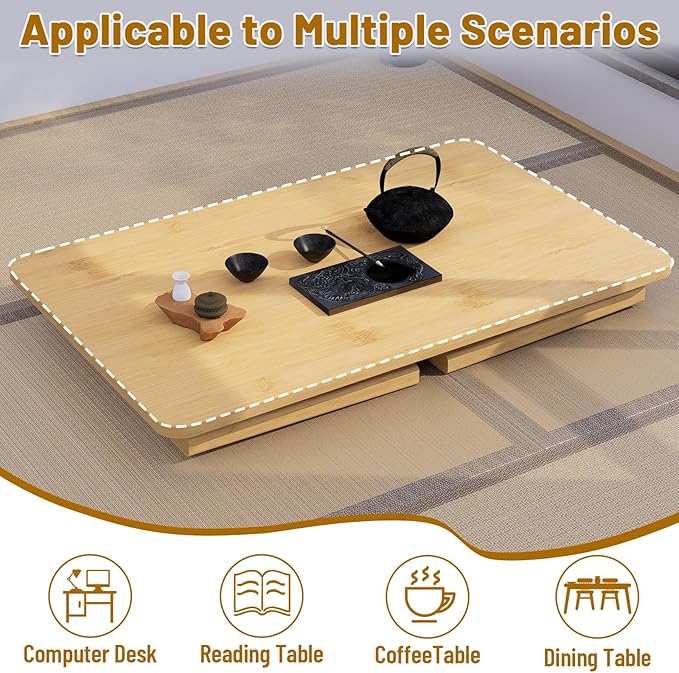 Japanese Folding Floor Coffee Table, Bamboo Foldable Low Table for Sitting On The Floor No Assembly Portable Tea Table Chabudai Table for Tatami, Bay Window, Meditation, Altar (Wood Color)