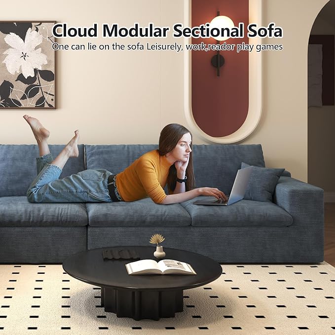 136.6'' L-Shaped Modern Modular Sectional Cloud Couch, 4-Seat Chenille Deep-Seat Sofa with Pillow for Living Room, Bedroom, Apartment, Ocean Blue