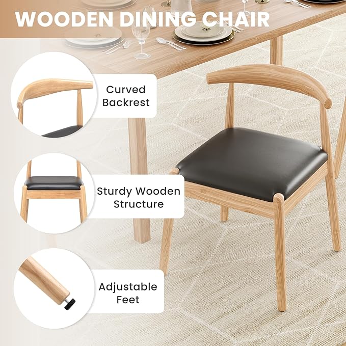 Farini Mid Century Modern Dining Chairs Set of 4, Solid Wood Frame Kitchen Chairs with PU Leather Upholstered Seat for Dining Room & Breakfast Nook,Natural-Black